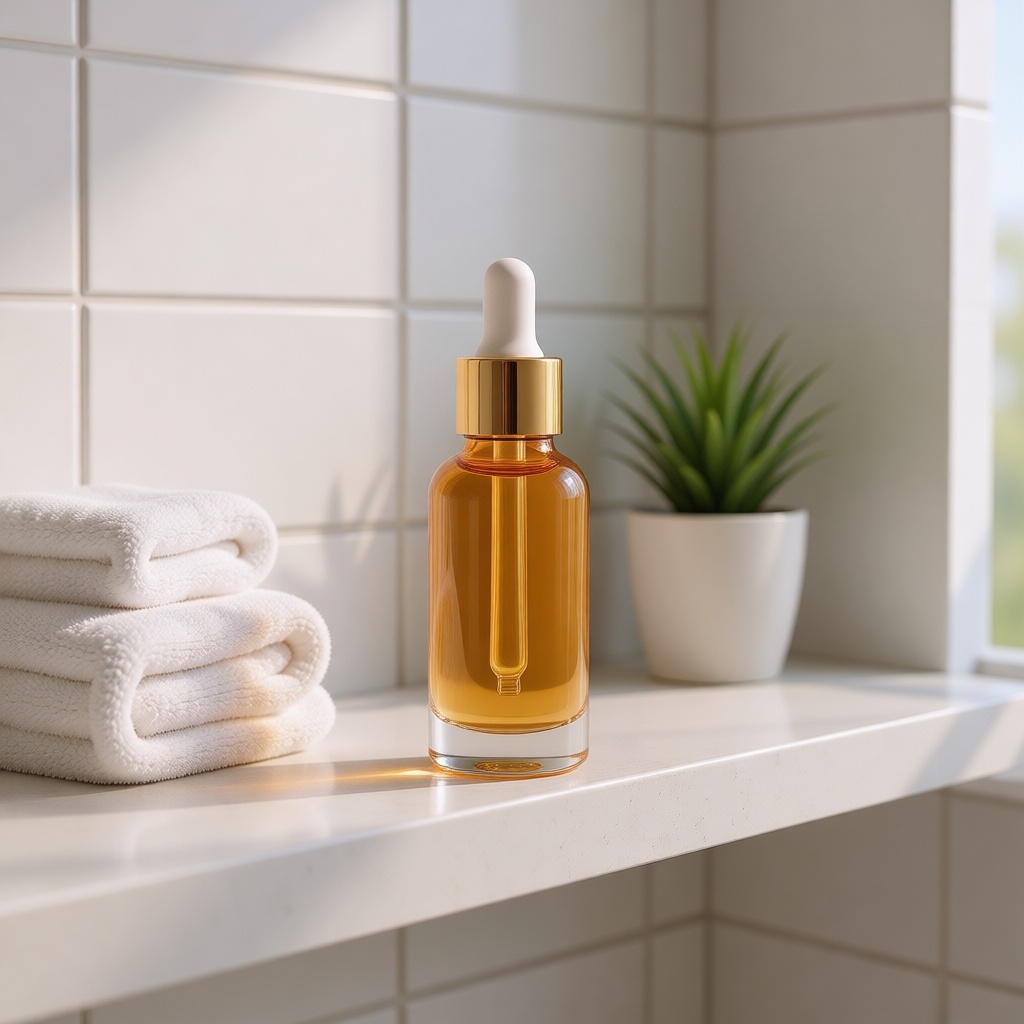 Serum on bathroom shelf