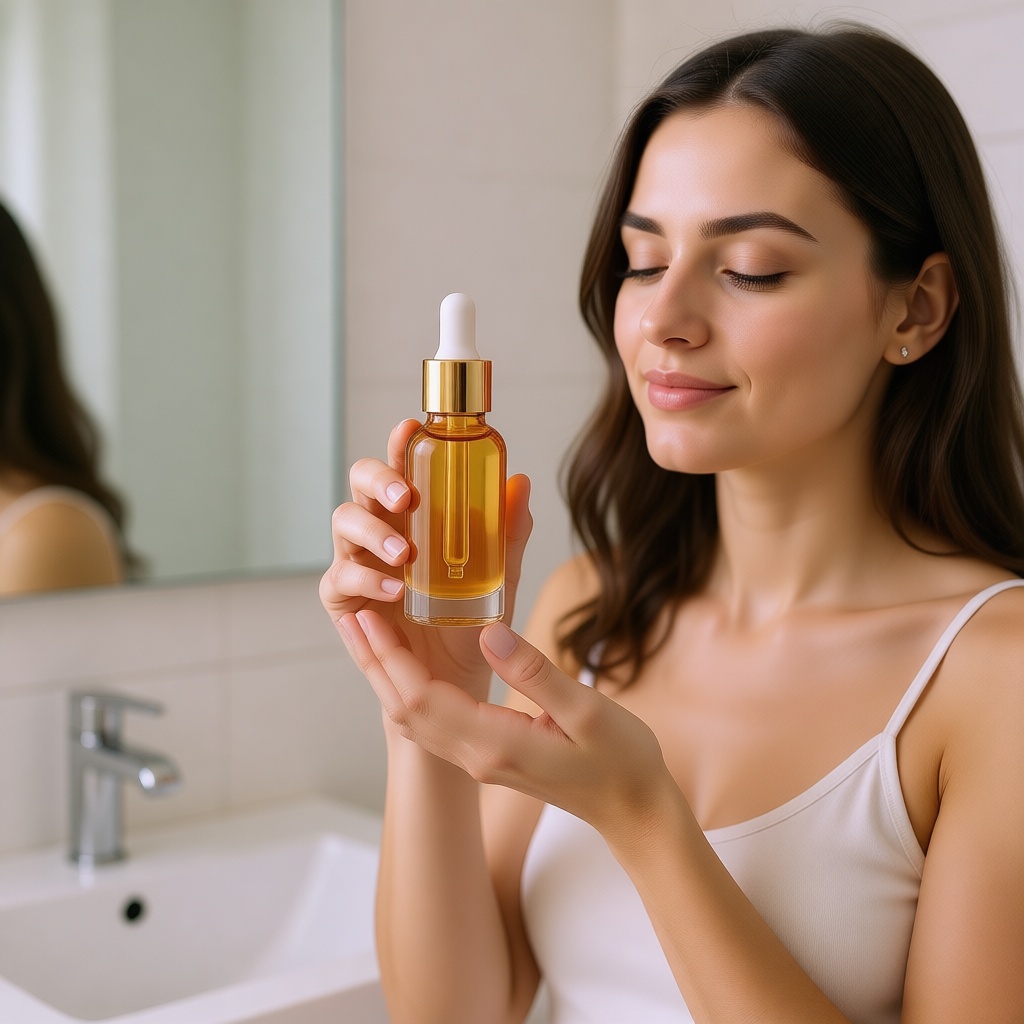 Woman holding serum bottle