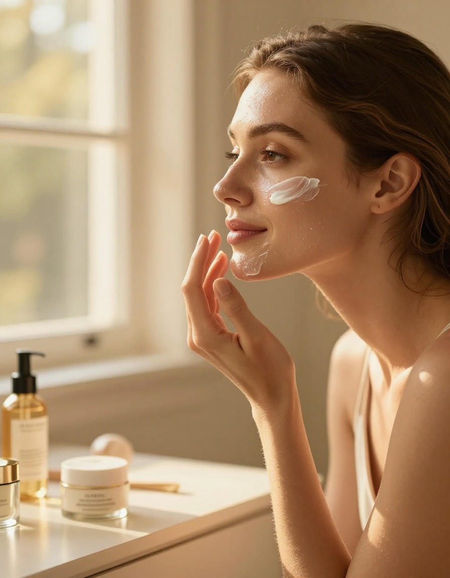 Woman applying skincare at golden hour