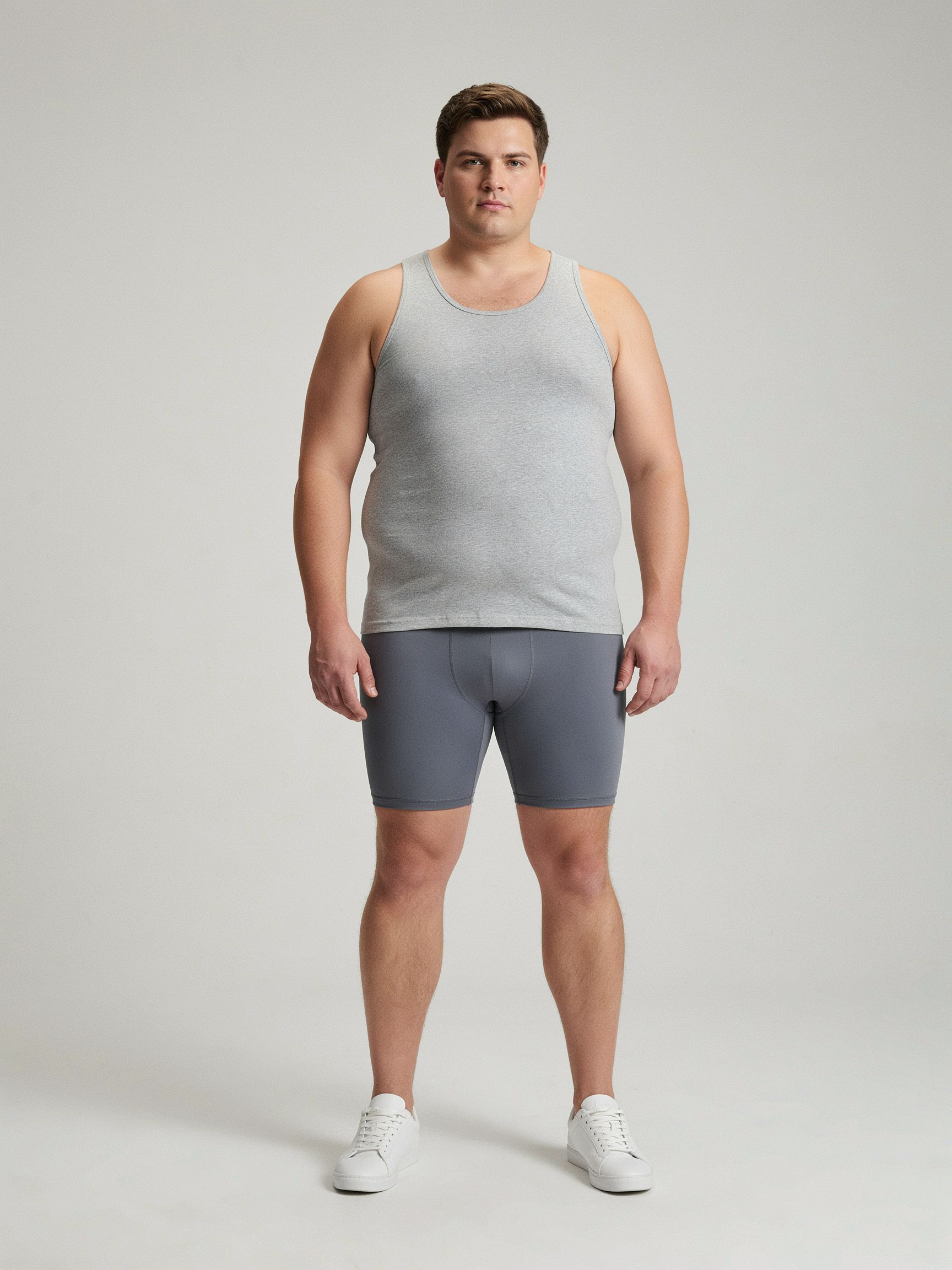 Plus-size white man, full-length catalog still