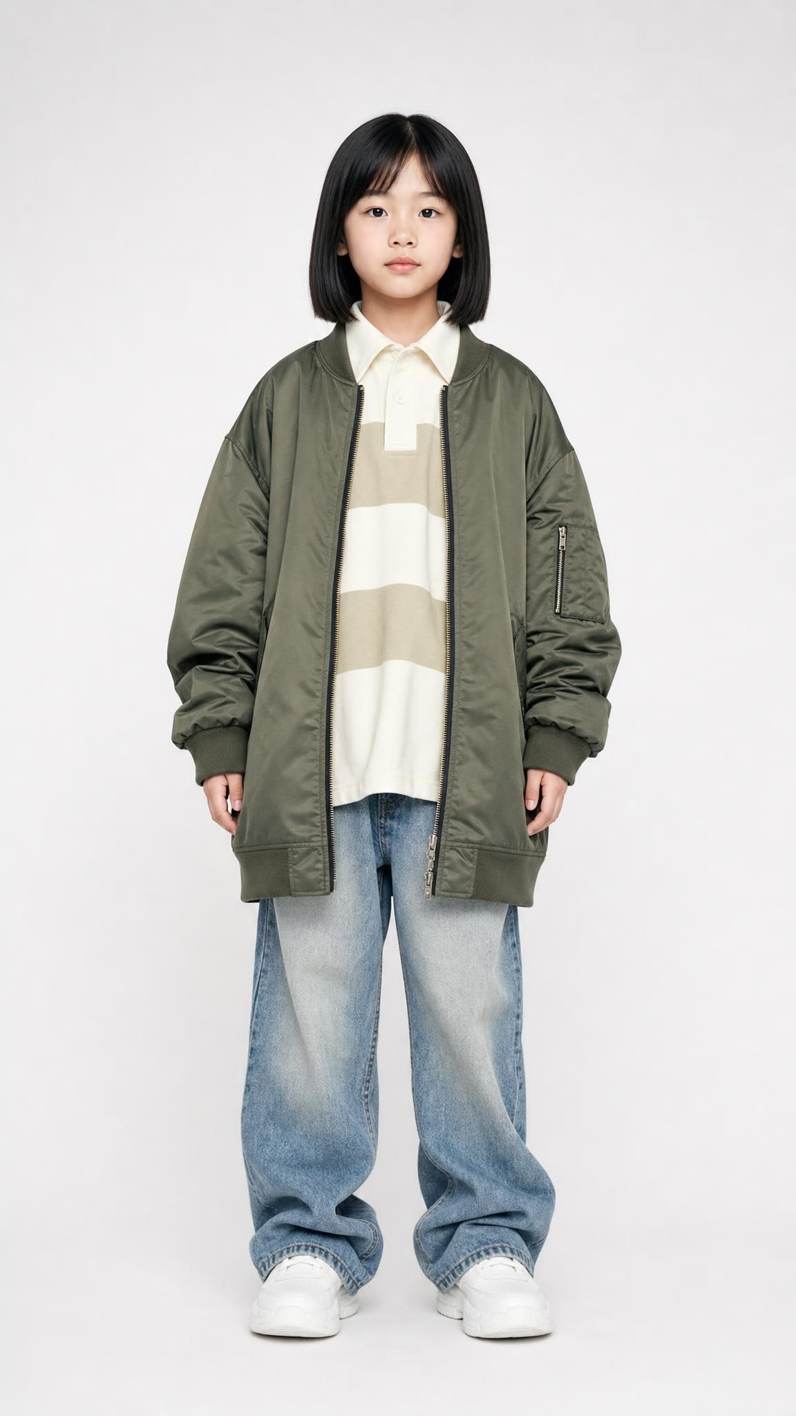 Child in oversized bomber jacket and baggy jeans, lookbook still