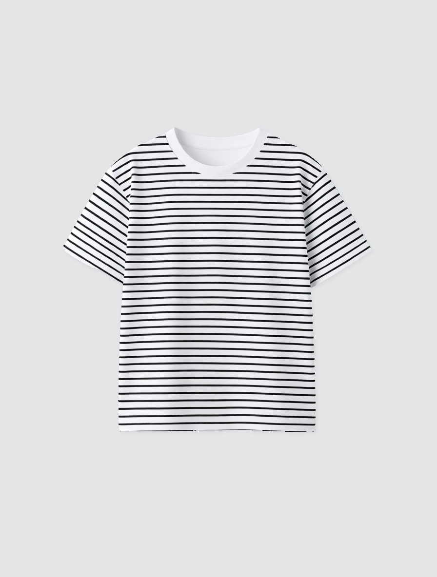 Striped tee flatlay on light grey with faint contact shadow