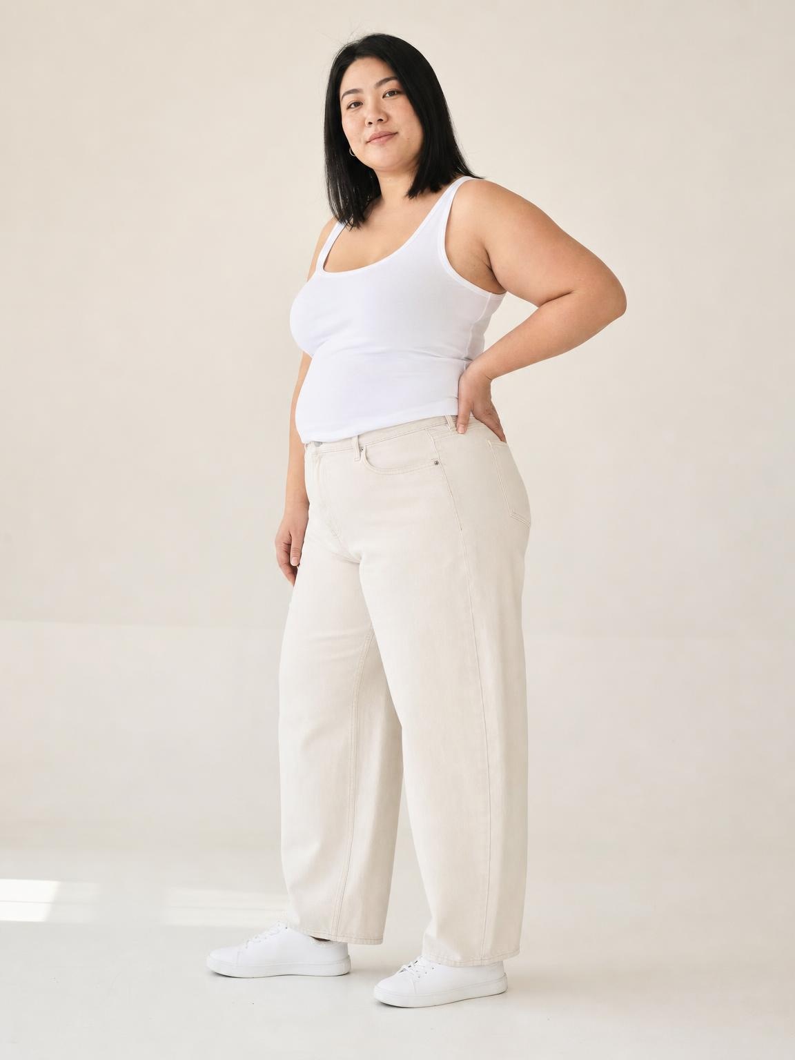 Plus-size East Asian woman, three-quarter catalog still