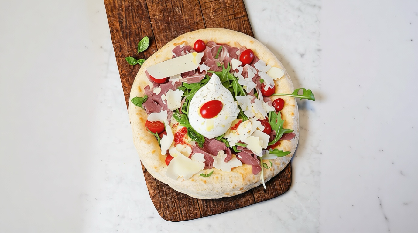 Flatbread re-plated on a rustic board