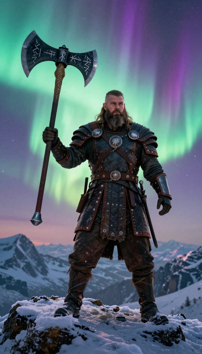 Viking key art under aurora