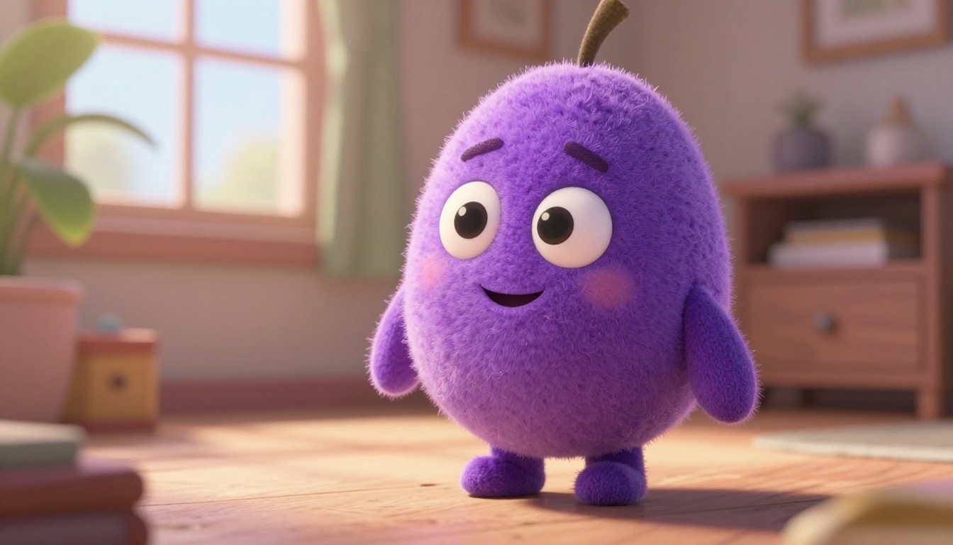 Purple mascot on a plain background