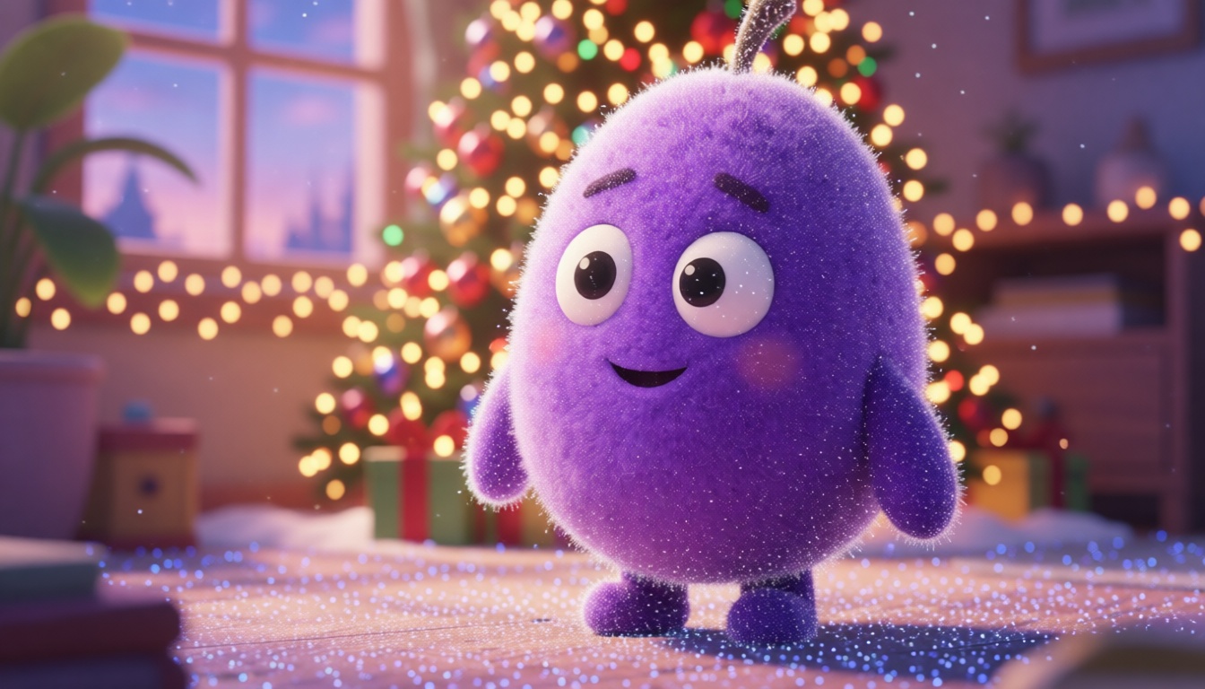Purple mascot in a festive scene