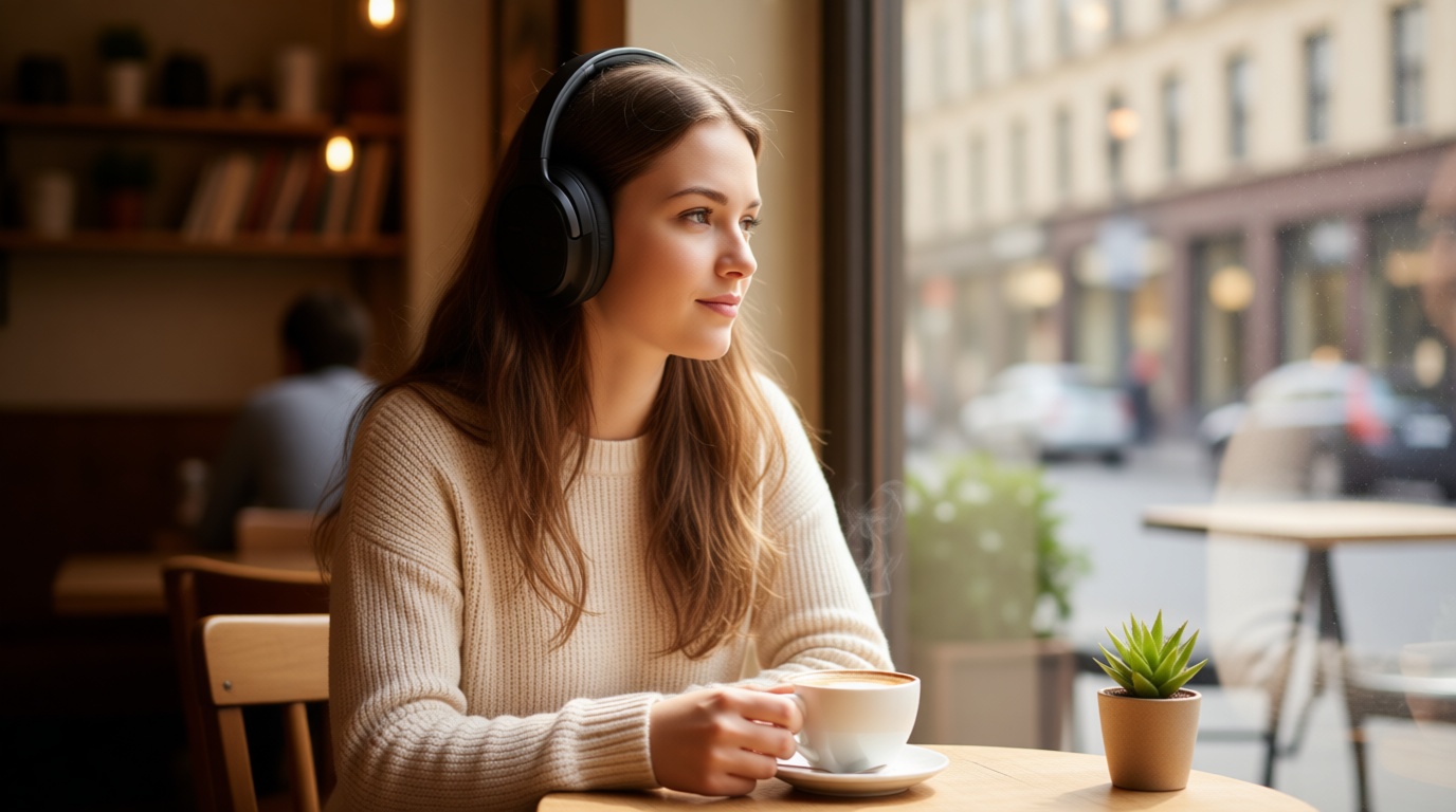 Wireless headphones in a cafe lifestyle scene