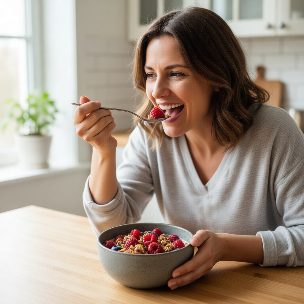 Woman eating granola bowl