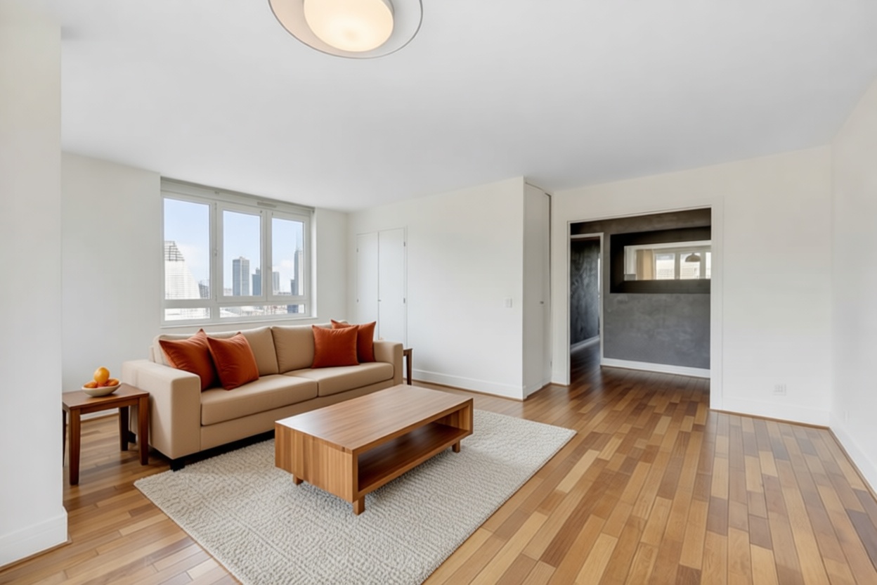 Virtually staged living room, warm contemporary